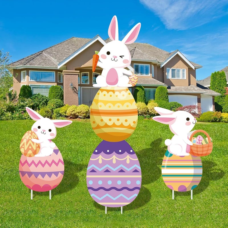 PhyLence 48 Inch Easter Bunny and Egg Yard Signs with Stakes - Large Bunny and Egg Stackable Designs for Outdoor Garden and Lawn Decorations for Easter Day Party Favors, Spring Holiday Celebrations - Image 1